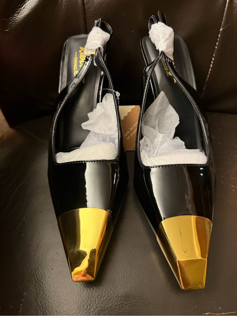Black Patent Slingback Heels with Gold Toe Accent